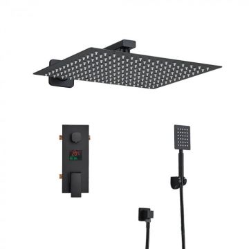 Set de dus cu para patrata 30 cm, negru mat, afisaj digital cu LED