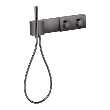 Baterie duș, Axor, Edge, termostatată, 2 funcții, cu pară și furtun de duș, negru cromat lucios, 46700330