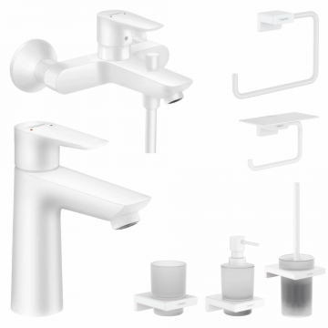 Set baterie cada si baterie lavoar Hansgrohe Talis cu accesorii baie Hansgrohe AddStoris, alb mat