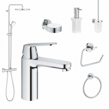 Set coloana dus si baterie lavoar Grohe Cosmopolitan cu accesorii baie Grohe Essentials, crom