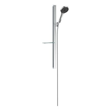 Set de duș, Hansgrohe, Rainfinity 130, cu pară de duș 3 jeturi, bară de 90 cm, poliță și furtun, crom