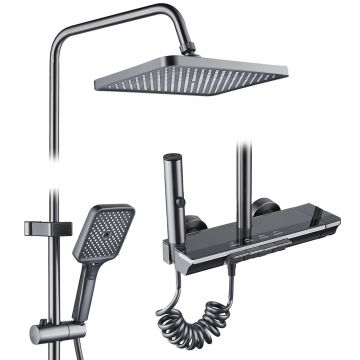 Coloana de dus RAIZ Origins PRIME, 4 functii, Display LCD, Montare rapida, Jet reglabil, Para de dus, Dus fix cu functie ploaie, Functie bideu, Negru