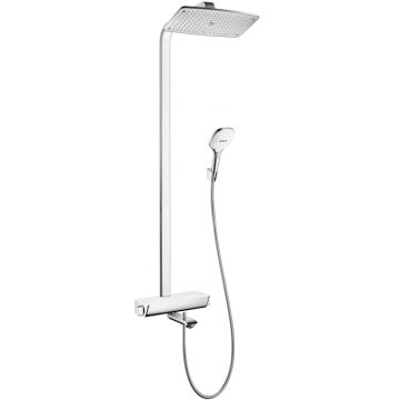 Showerpipe Hansgrohe Raindance Select E 360 cu baterie cada Ecostat Select finisaj alb/crom