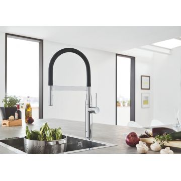 Baterie bucatarie Grohe Essence, 3/8'', monocomanda, dus extractabil, pivotanta, crom - 30294000