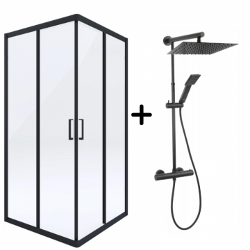 Set cabina dus neagra patrata 80x80 cm plus coloana dus cu termostat Ferro,Trevi Square Black