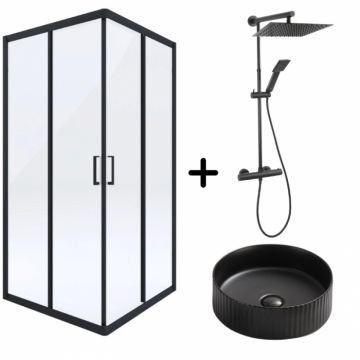 Set cabina dus neagra patrata, coloana dus cu termostat Ferro si lavoar baie rotund negru Foglia
